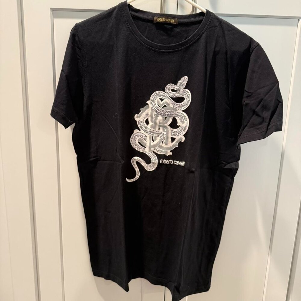 Roberto Cavalli black and white snake print t-shirt